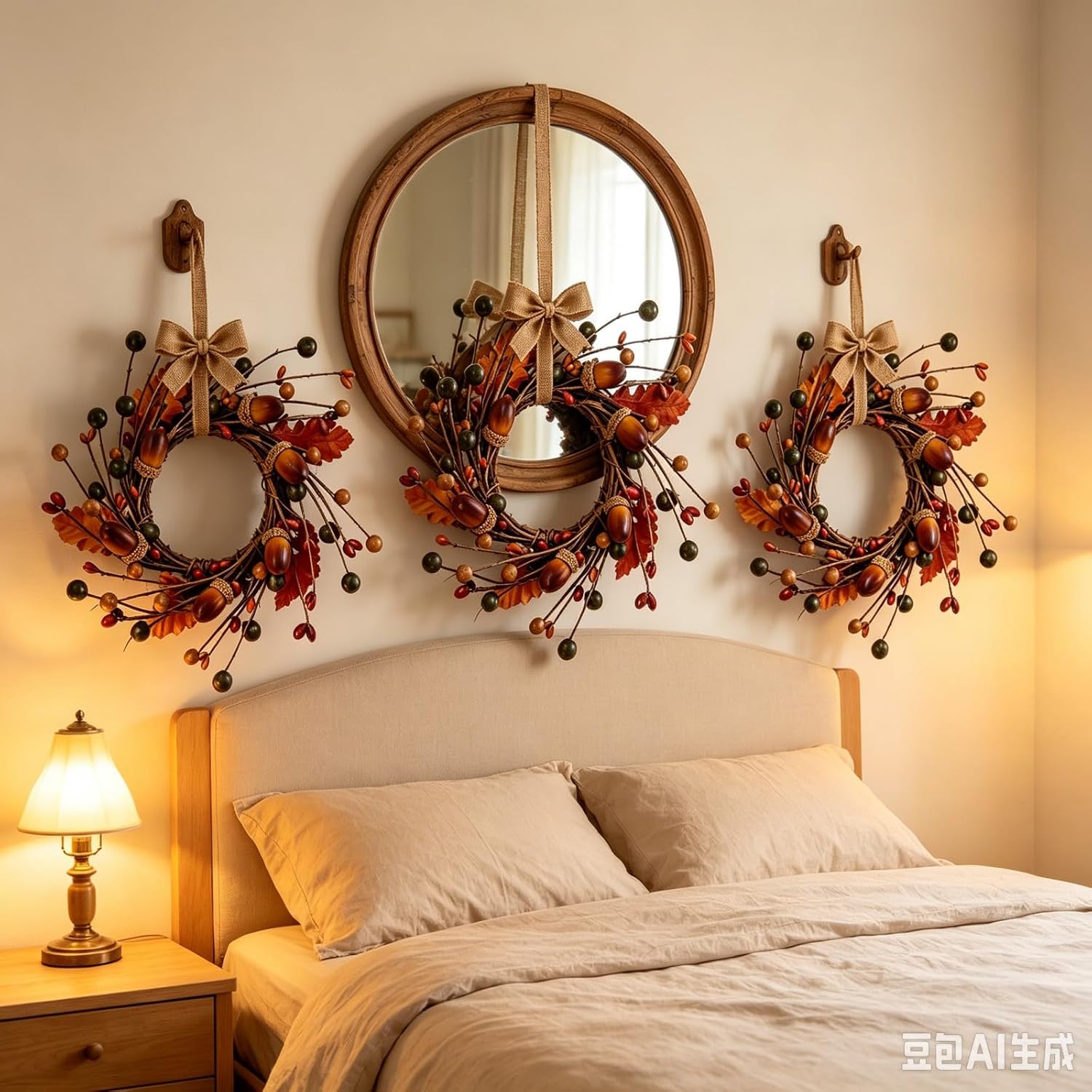 4 Pcs Mini Fall Hanging Wreaths for Cabinets Small Candle Rings Wreath Pillar Holder Wreath with Acorn Berry Autumn Leaves Harvest Wreaths for Farmhouse Porch Front Door