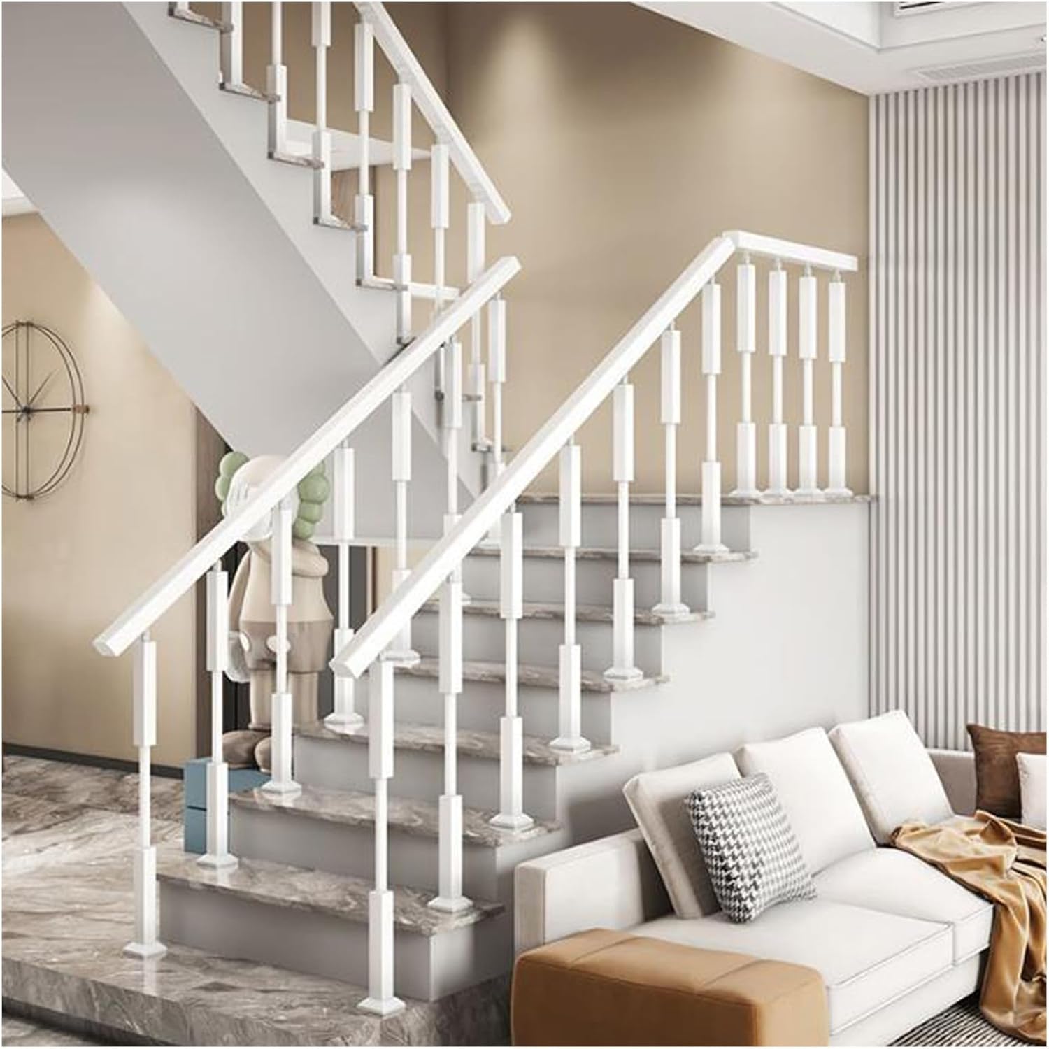 Wooden Stair Baluster Posts,Villa Landing Fence Post, Indoor Outdoor Entryway Stairs Posts,Vertical Staircase Balusters Spindles with Adjustable Bracket,White,85cm