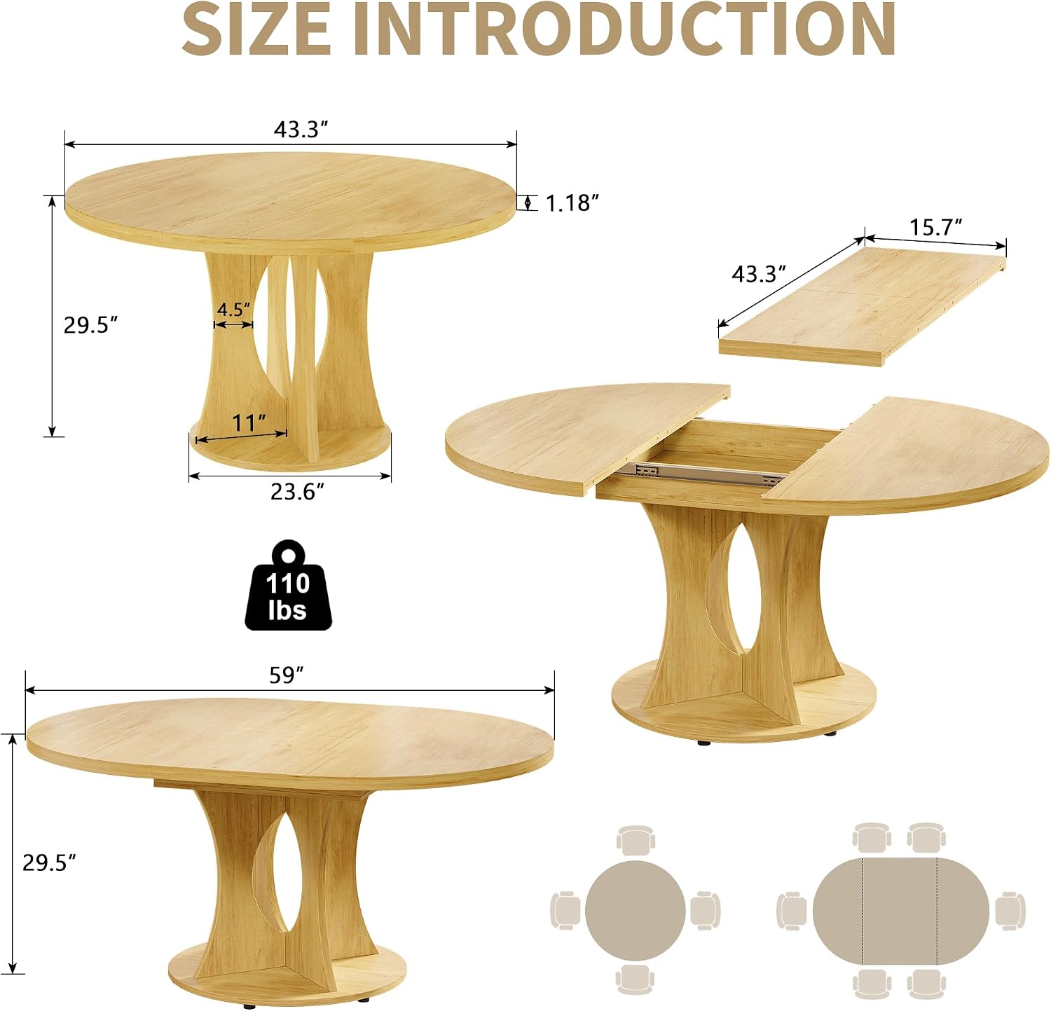 Diagram illustrating the dimensions of the iPormis extendable dining table in both compact and extended states, including height, width, depth, and tabletop thickness.