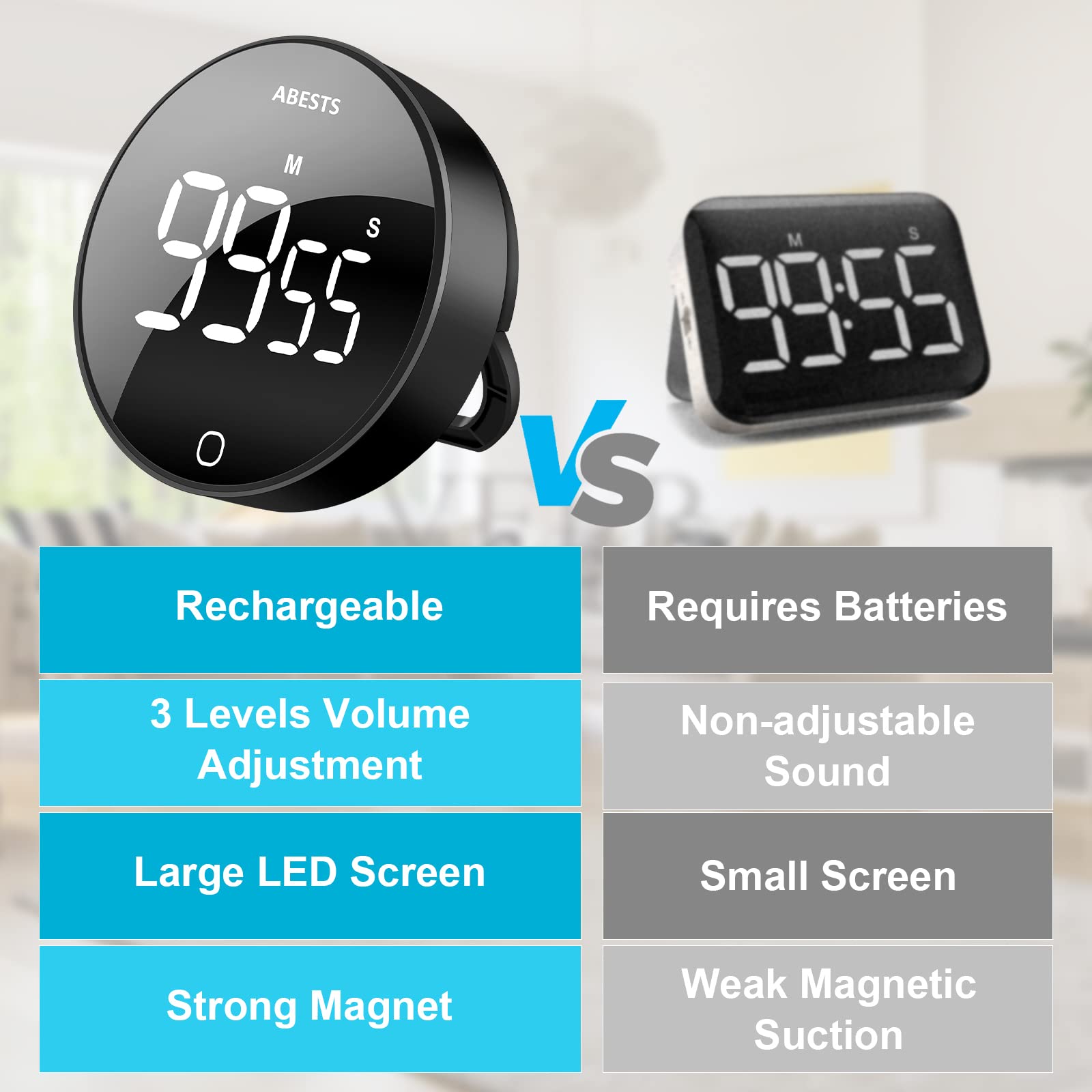 Digital Kitchen Timer for Cooking, Dmyond Rechargeable Magnetic Countdown Time with Large LED Display, Silent Classroom Timer for Kids Teachers for Office Productivity, Easy Button Operation - Black