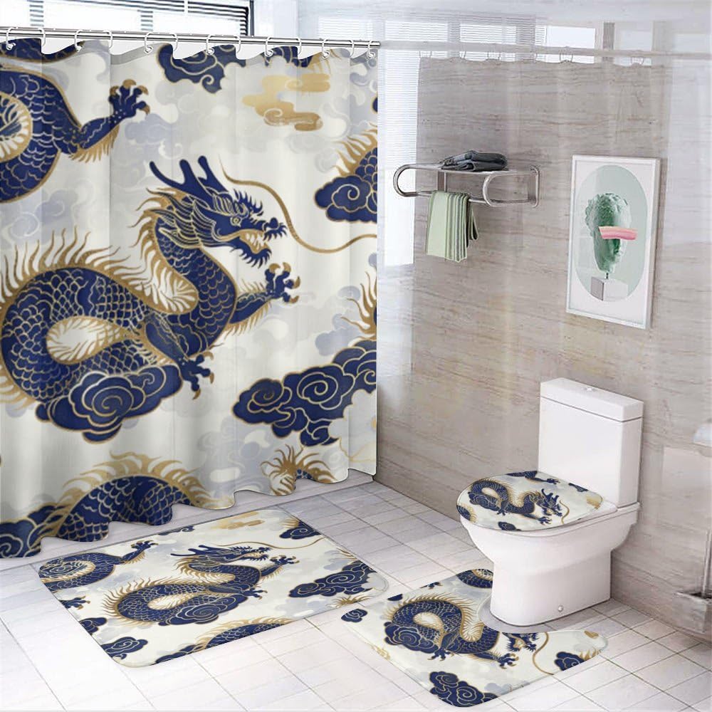 Rideau de douche dragon imperméable et tapis antidérapant haute densité
