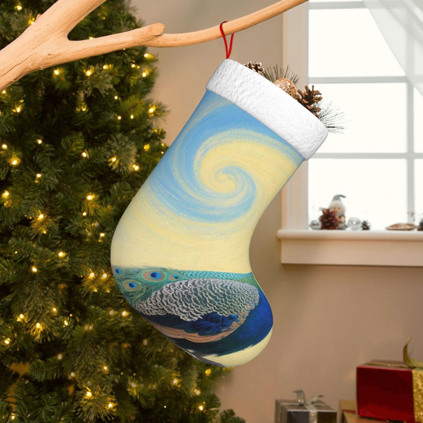 Velvet Christmas Stockings 17.7 Inch, Elegant Peacock Xmas Stocking with Soft Cuff,Classic Personalized Christmas Tree Decoration for Family Holiday New Year Party Supplies