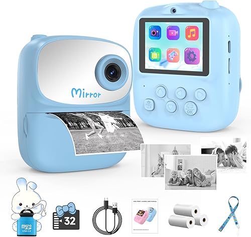 Cámara para niños con impresión instantánea para niños, cámara instantánea con espejo, cámara digital HD de doble lente para selfie con 3 rollos de