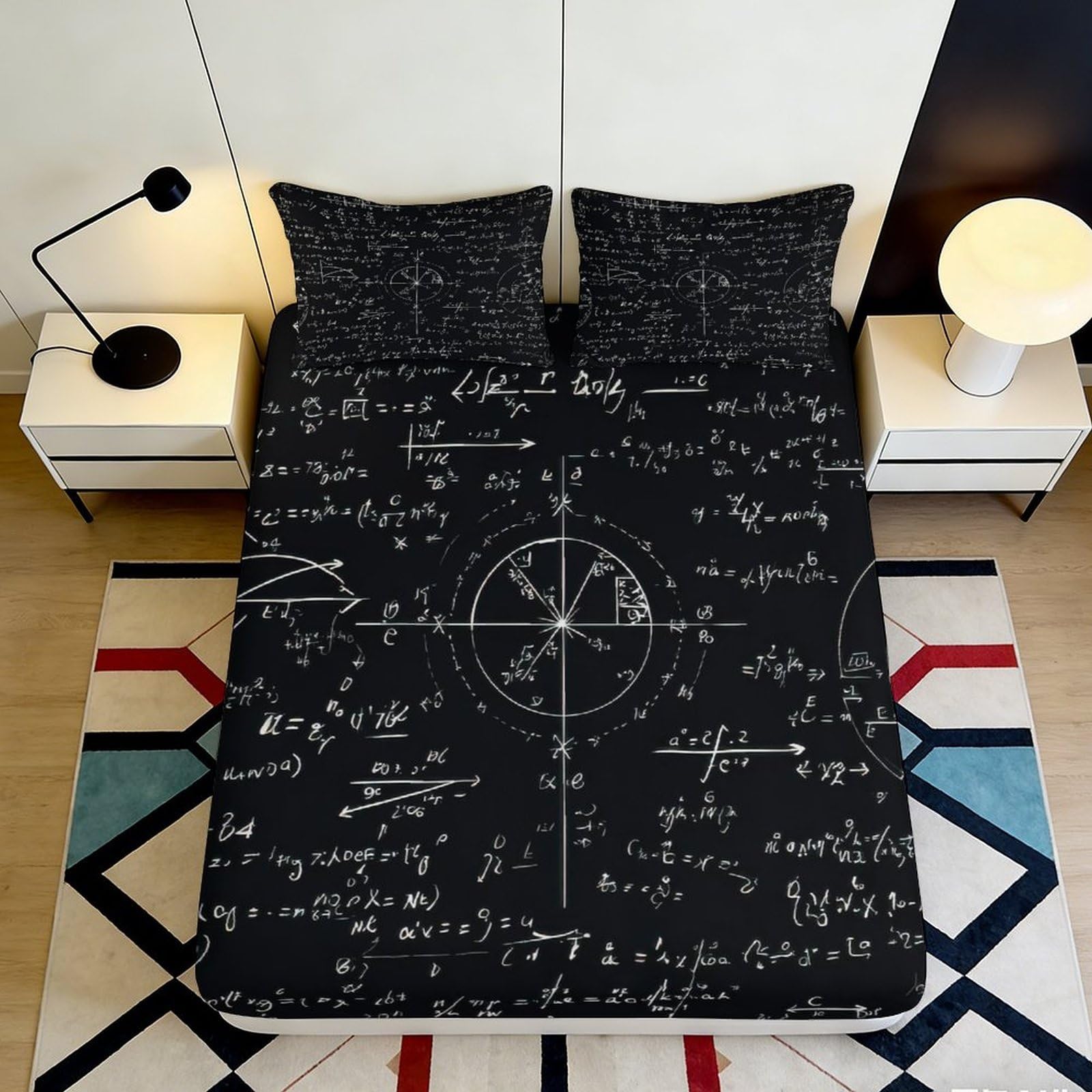 3D Printed Chalkboard Formula Fitted Sheet Microfiber Soft Black Math Pattern Bed Cover for Bedroom Dorm Mattress Protection 90x200x25cm