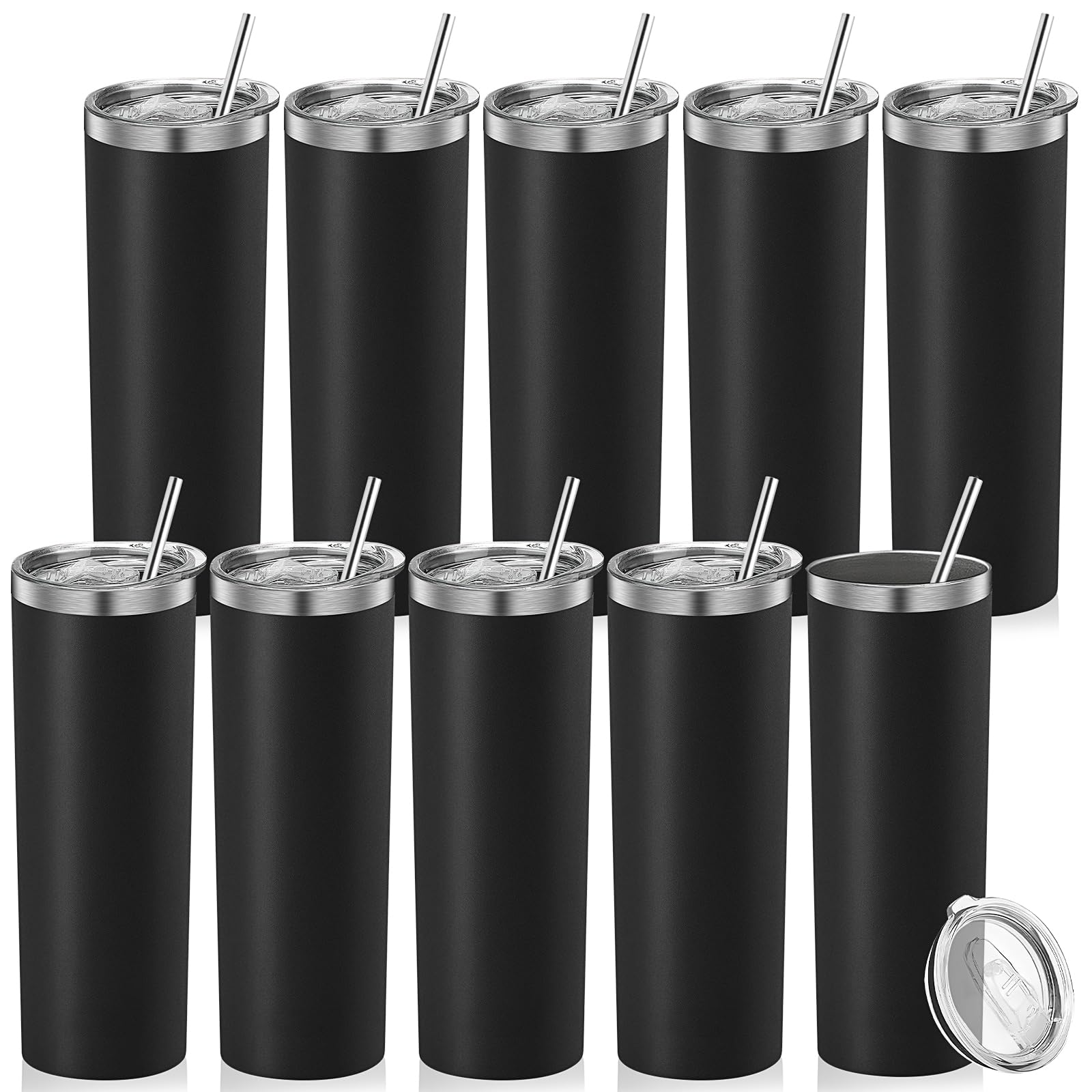 LYCN 10 Pack 20oz Stainless Steel Skinny Tumbler, with Lid and Straw, Black
