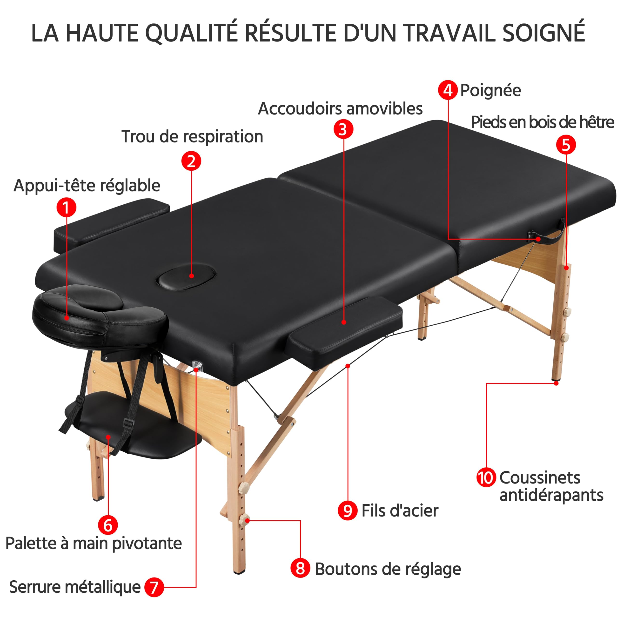 Yaheetech Table de Massage Pliante 70 cm Lit de Massage Professionnel en 2 Sections en Bois Massif Table Canapé Cosmetique Thérapie Noir