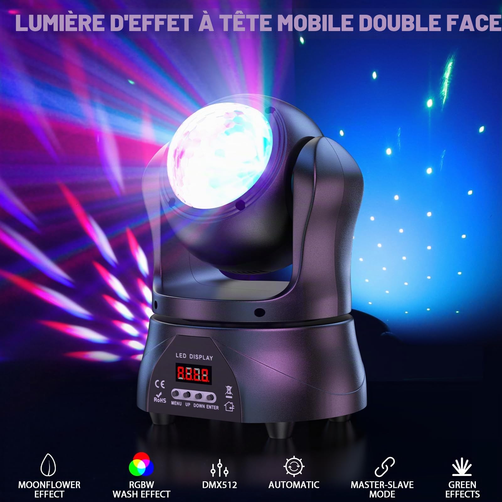Jeux de Lumiere pour Soiree, U`King 30W Lumières disco Lyre LED Lumières principales mobiles de boule de disco à double face d-mx512 Éclairage de scène RGBW pour DJ Club Discothèque Bar Scène Soirée