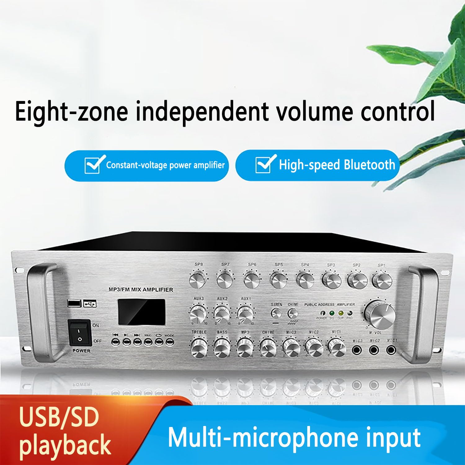 Amplificateur Audio Stéréo Numérique, Amplificateur De Puissance Bluetooth Audio Professionnel Avec 3 Entrées Microphone, Contrôle Indépendant Du Volume Sur 8 Zones Pour Centres Commerciaux/hôtels