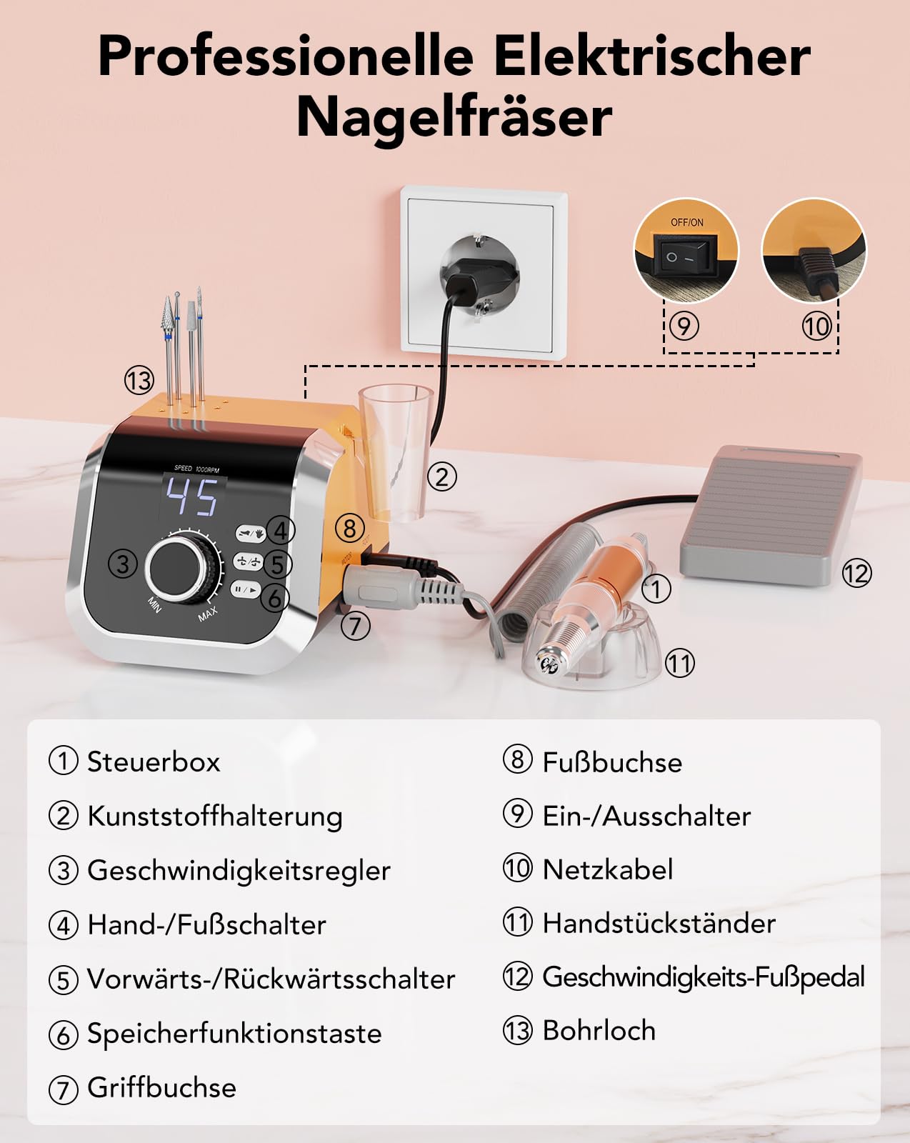 HOMEASY Nagelfräser 45000 U/M Professionell Fräser Nägel Elektrische Nagelfeile für Gelnägel mit Fußpedal 45 Getriebestufen LCD Anzeige F/R Drehrichtung Pause Funktion Salon Zuhause Orange