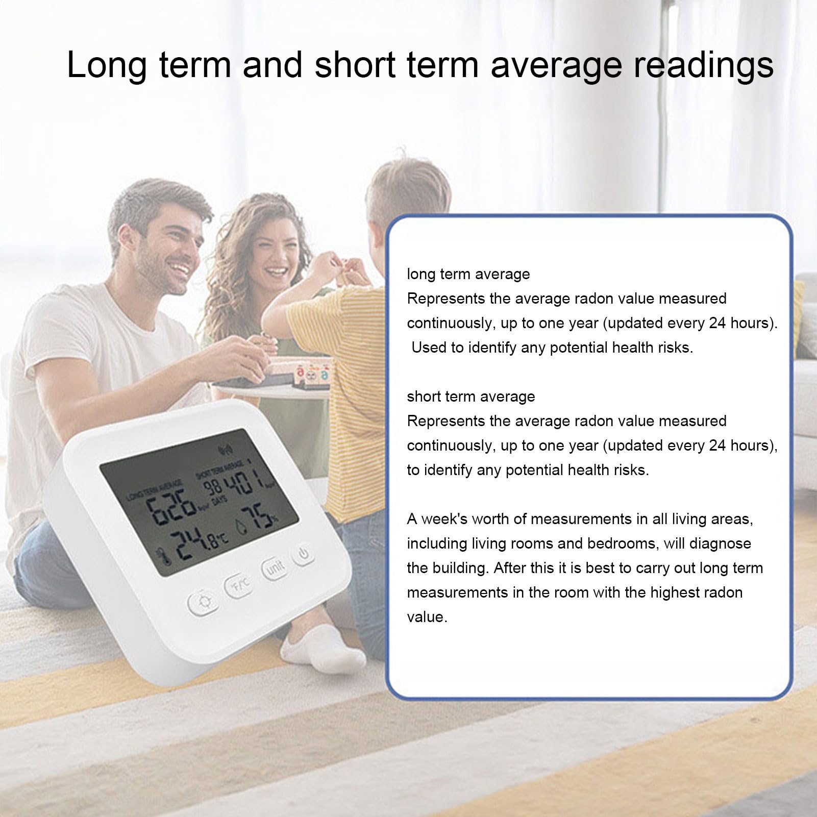 Akozon Detector de Radón Portátil Monitoreo Rápido y Preciso para el Sótano del Hogar con Temperatura Promedio a Largo Plazo Humedad Kit de Prueba 4 en 1 Instalaciones Médicas