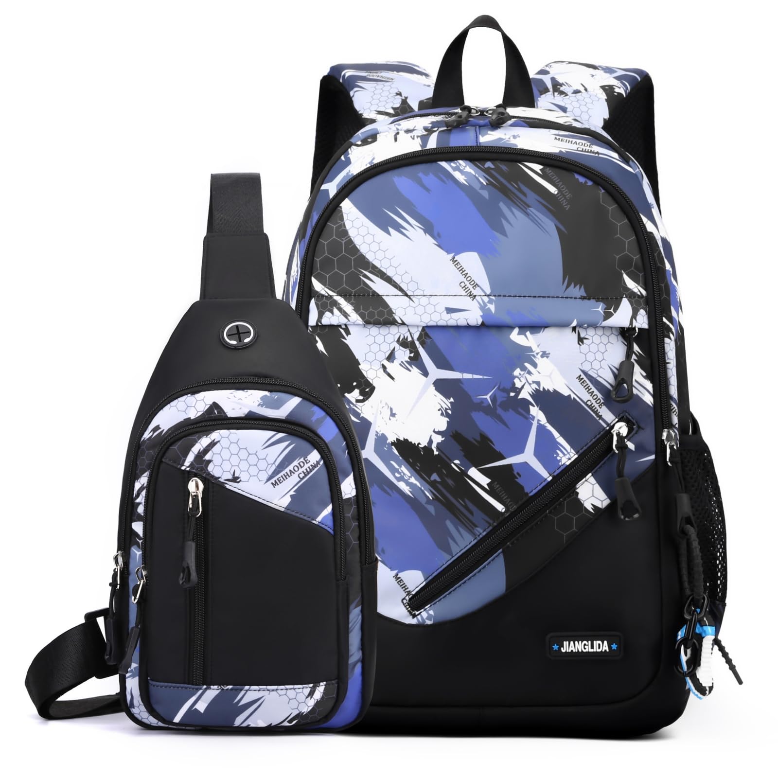 Amythe Mochila Escolar Adolescentes 2 Pcs con Sling Bag Hombre Casual Daypack, Mochilas Escolares para Niños 9 10-18 años, Grande Impermeable Camouflage, Azul