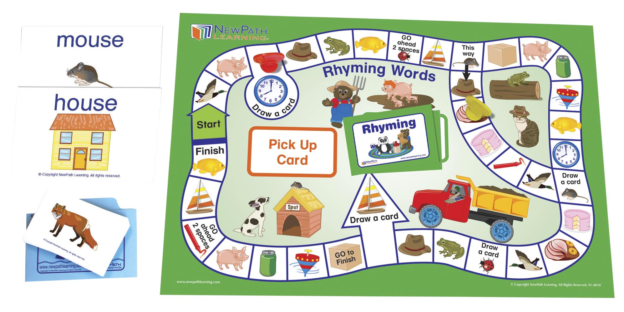 Rhyming Words Learning Center (Grades K - 1) - Gameboard, Illustrated Game Cards, Flash Cards and Activity Guide for 4 Students in Durable Pouch