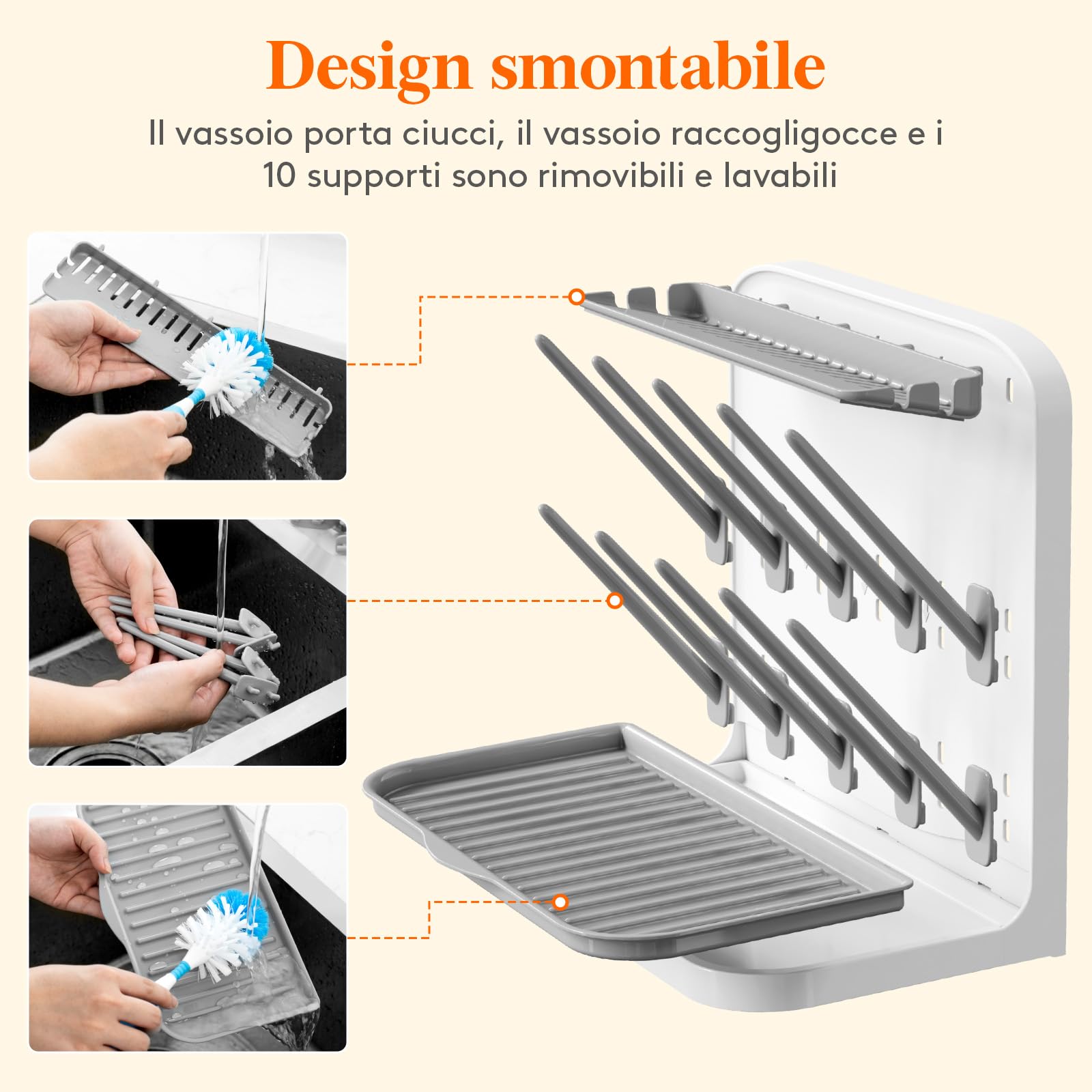 Lifewit Grande Scolabiberon, Scolabiberon Verticale con 10 Ganci e Contenitore per Tettarelle Rimovibile, Adatto a Cannucce a Pressione e Accessori per Tiralatte