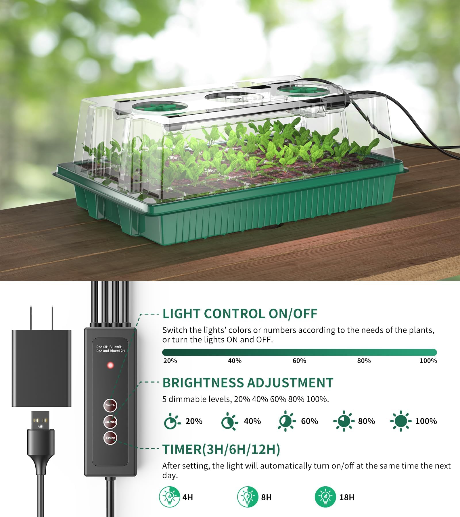 Bandeja de inicio de semillas, 80 celdas, bandejas de inicio de plántulas con luz de crecimiento y cúpula de humedad, kit de germinación de semillas reutilizable para jardinería en interiores
