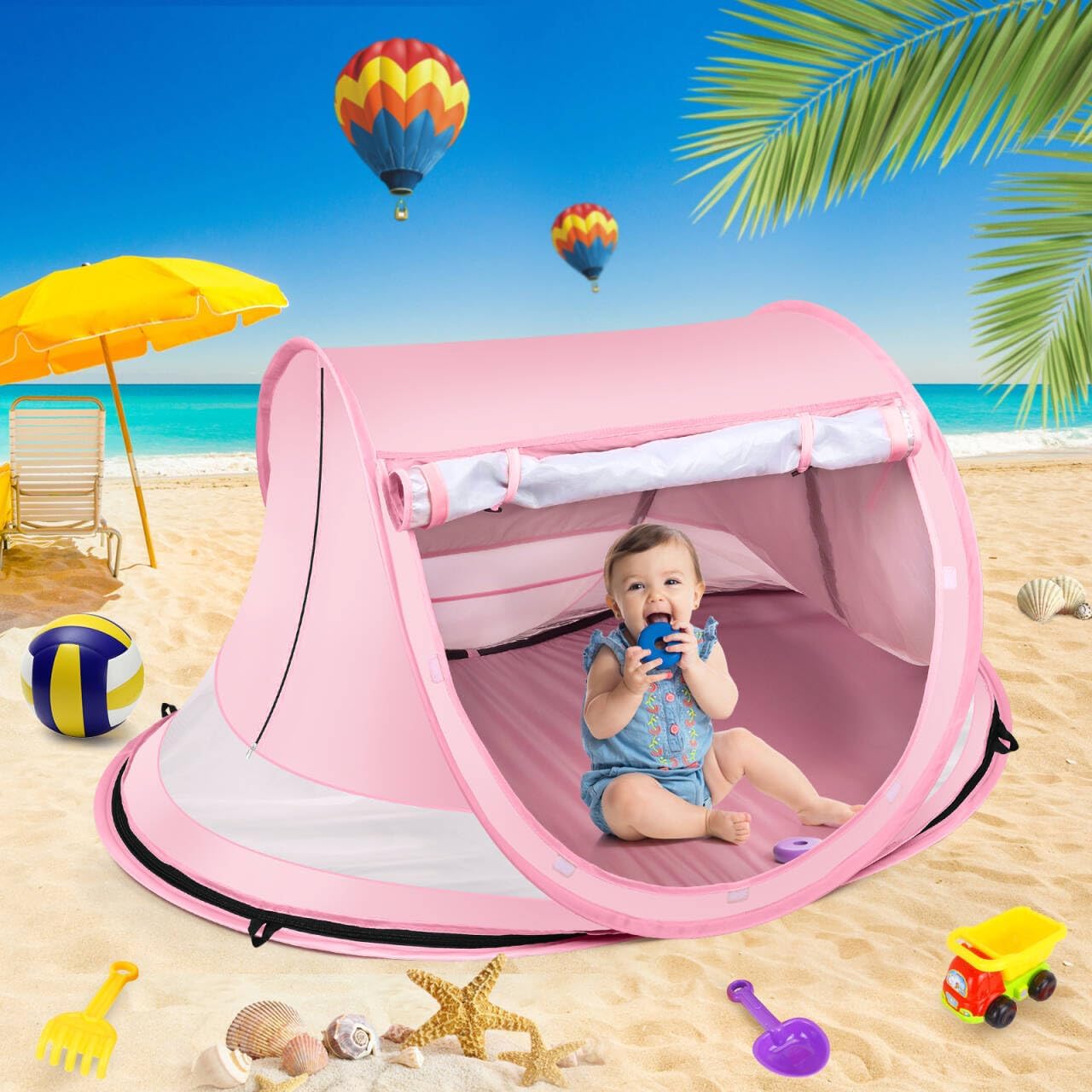 Baby Beach Tent,Large Pop Up Beach Tent Sun Shade for Beach,Portable Baby Travel Tent with Mosquito Net,Indoor Baby Play Tent,UPF 50+ UV Protection Sun Shelters for Infants