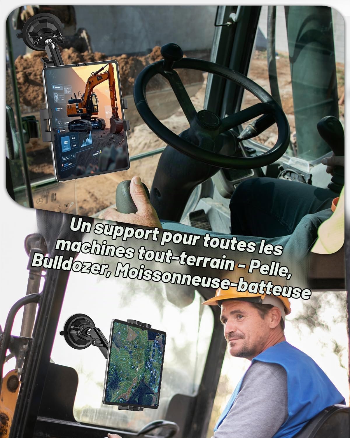 Support Tablette Tracteur avec Ventouse Puissante pour Tablettes Téléphones | Fixation Pare-Brise Tableau de Bord Fenêtre - Robuste Support Tablette Voiture Vehicule avec Bras Flexible en Aluminium