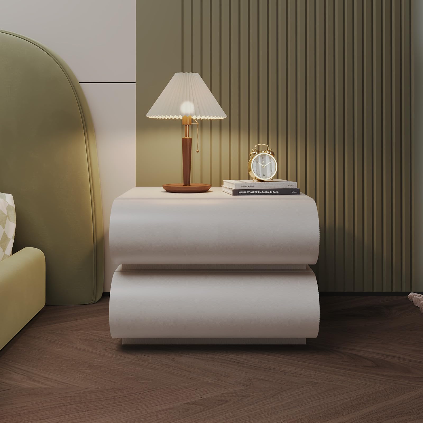 HIMAmonkey Nightstand with 2 Drawer, Bedside Table with Microfibre Leather, Fashion Night Stand for Bedroom, No Assembly Required-White