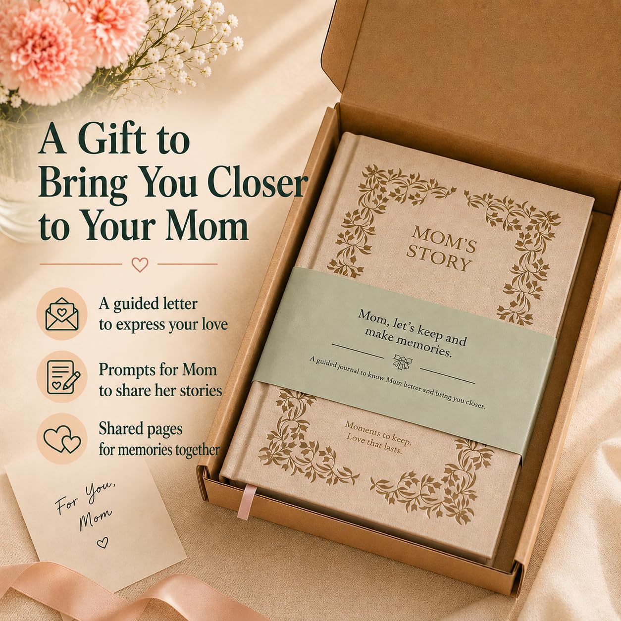Diario de historias de mamá con letras y mensajes de historia de vida, regalos para mamá | Bring You Closer to Mom | Regalos para mamá para el día de la madre, cumpleaños y Navidad | Calidad reliquia, caja de regalo