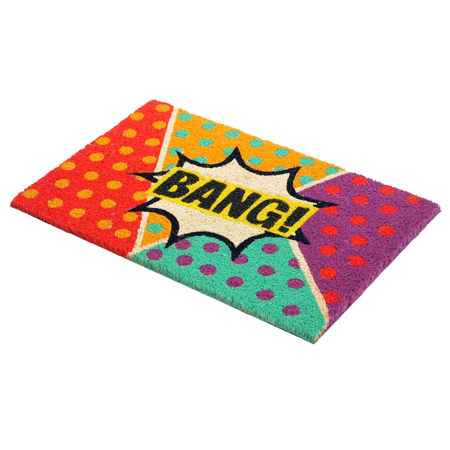 Onlymat Bang Pop Art Fun Design Printed Doormat Polka Dot Pattern Weather-Resistant and Durable Coir Doormat with Anti-Slip PVC Backing for Indoor and Outdoor Use - 45 x 75 cm