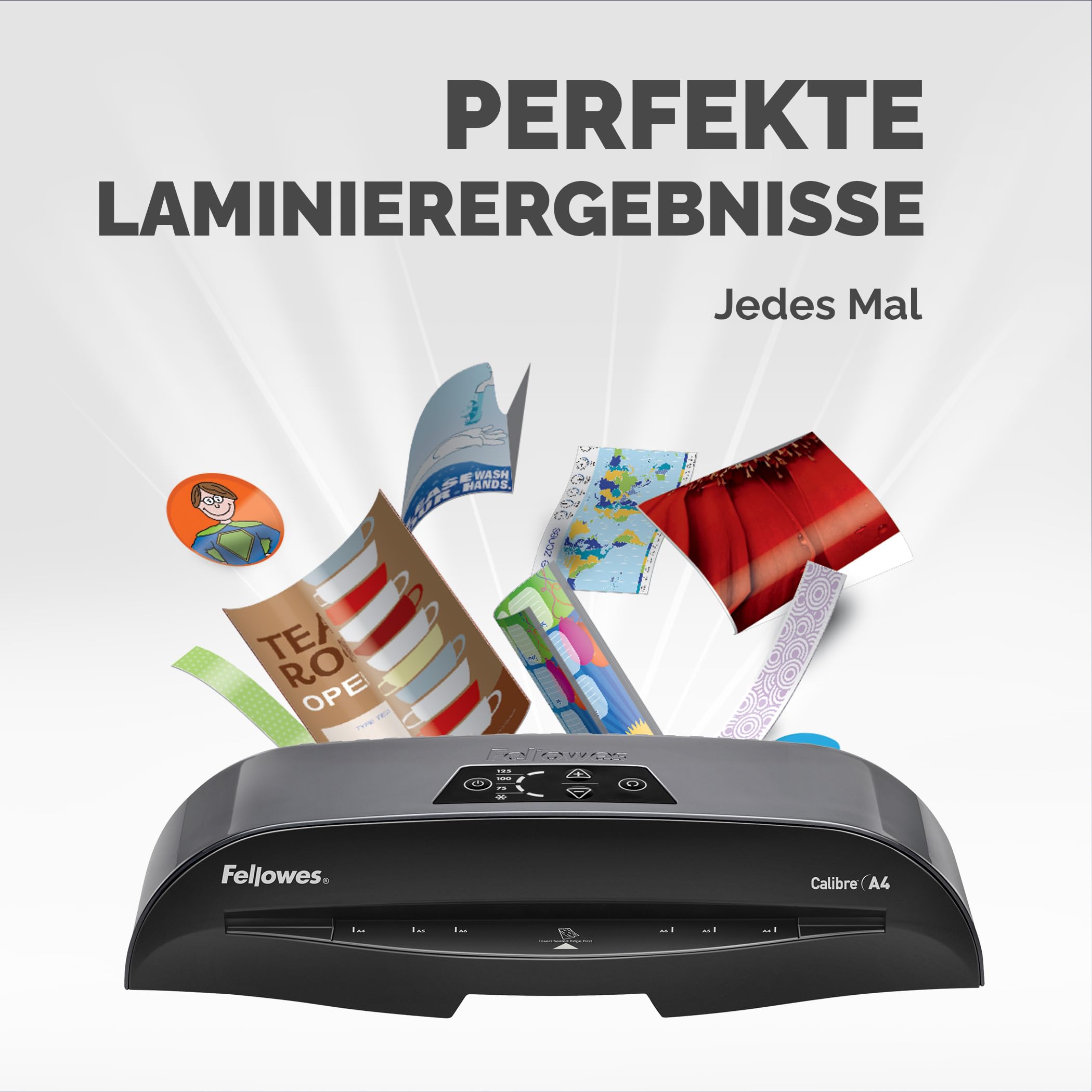 Fellowes Calibre A4 Laminiergerät für 80-125 Micron Folien, 60 Sek. Aufwärmzeit, staufreies Laminieren, inkl. 10 gratis A4 Folien, schwarz/grau