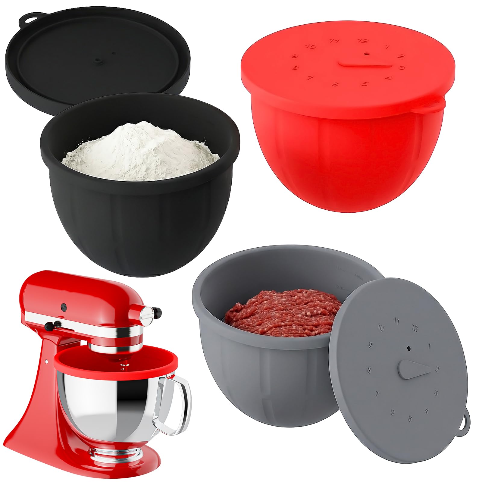 Gvode Set of 3 with Lid Silicone Insert for KitchenAid Accessory Compatible with KitchenAid Bowl & Mixing Bowl Tilt Head 4.5-5 QT, Thickened Odourless Non-Stick, Black/Red/Grey