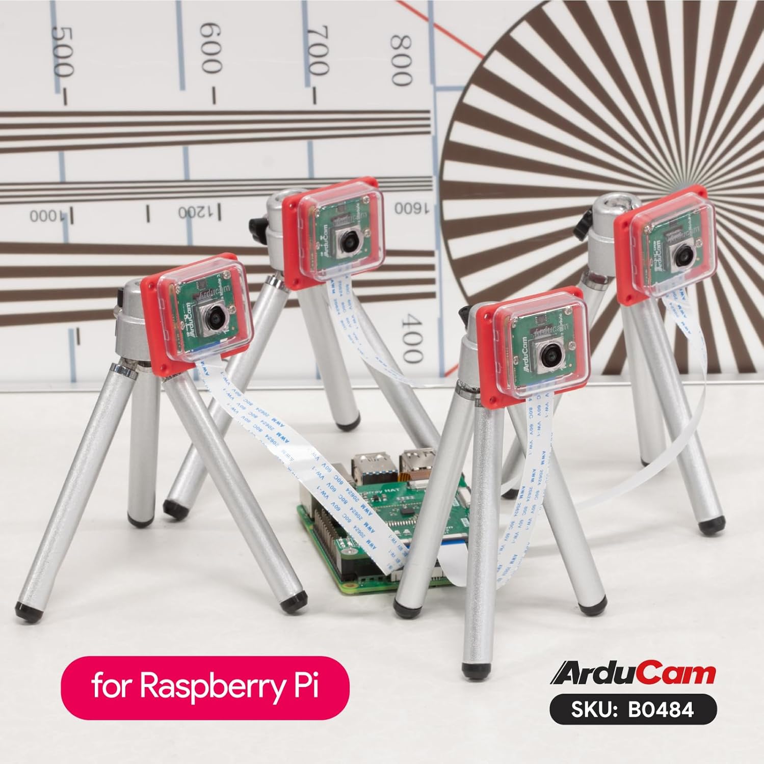 Arducam Quad-Camera Kit set up with a Raspberry Pi and mini tripods