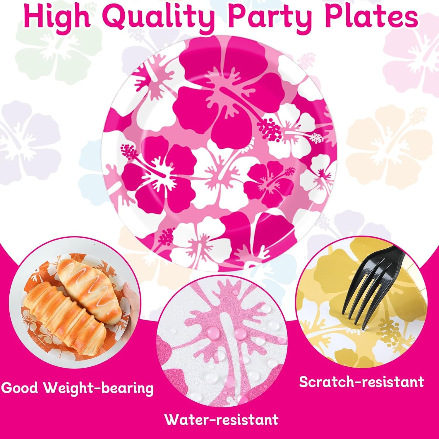 60Pcs Hibiscus Party Paper Plates for Summer Hibiscus Party Decorations 7in Hawaiian Dessert Plates Disposable Tableware Dinnerware Set for Summer Beach Birthday Party Decoration Pool Party Supplies - Image 3
