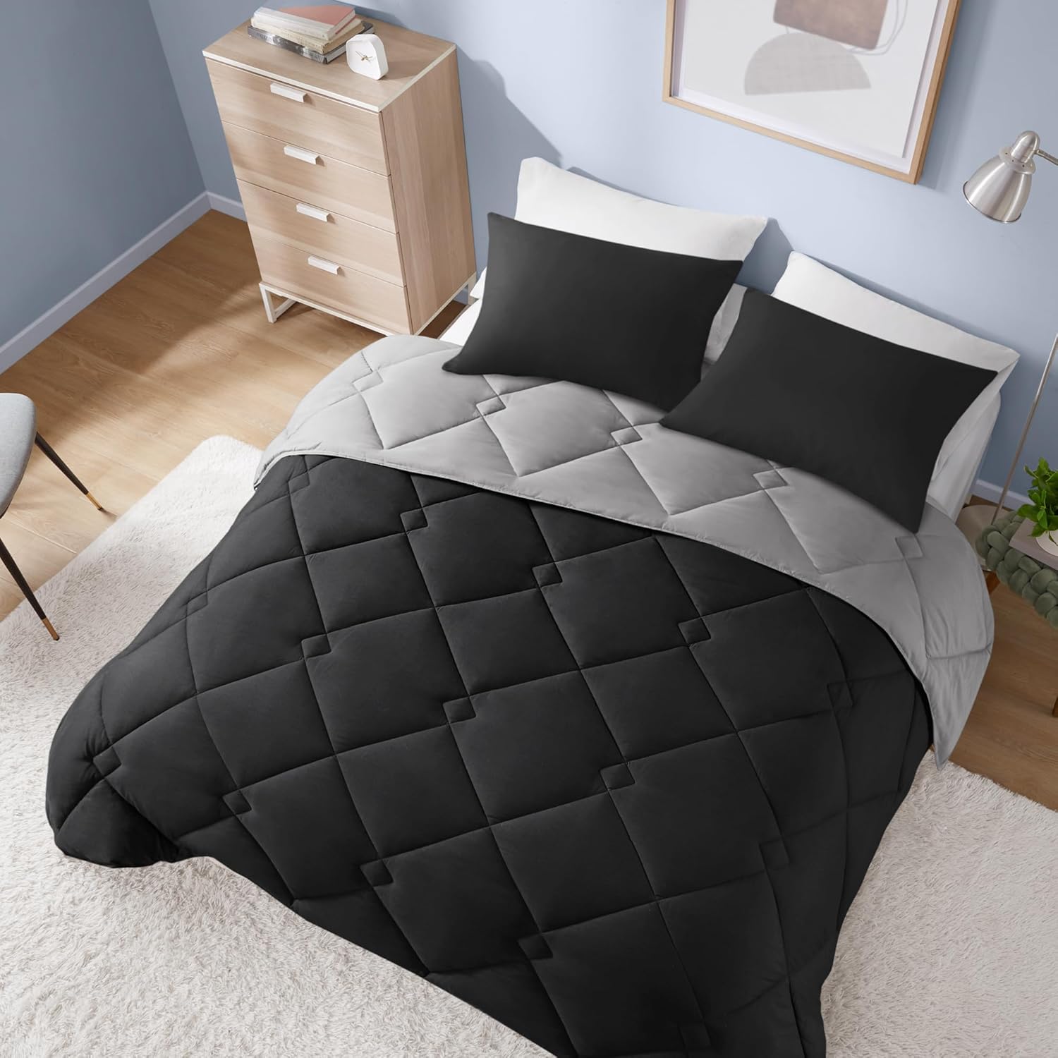 Comfort Spaces Vixie Reversible Comforter Set - Trendy Casual Geometric Quilted Cover, All Season Down Alternative Cozy Bedding, Matching Sham, Black/Gray, Full/Queen 3 piece - Image 2
