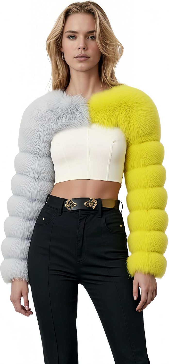 Women's Fluffy Faux Fur Scarf Stole Shawl Shrug Wraps Mini Jacket Cover Up Outwear Tops with Sleeves