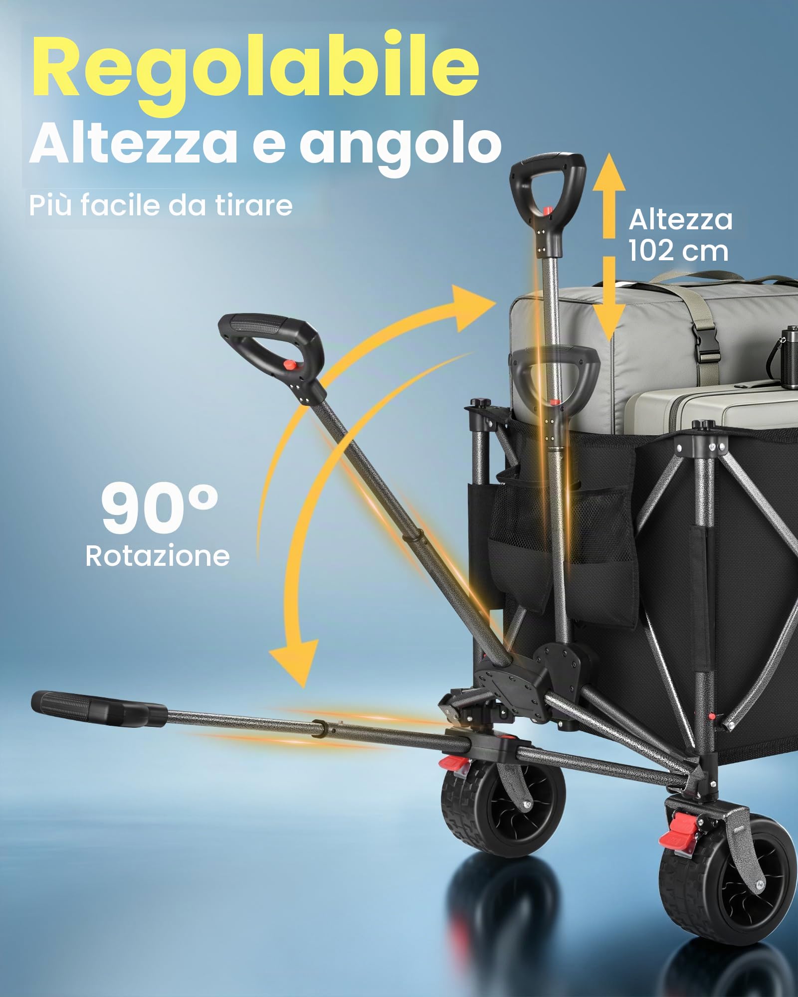 YEAUPE PRO Carrello Spiaggia Pieghevole XXXL – Doppi freni, doppia forcella rinforzata, ruote grandi, manico regolabile, rete elastica inclusa, carrello con ruote portatutto – 250kg/260L, Nero Carbone