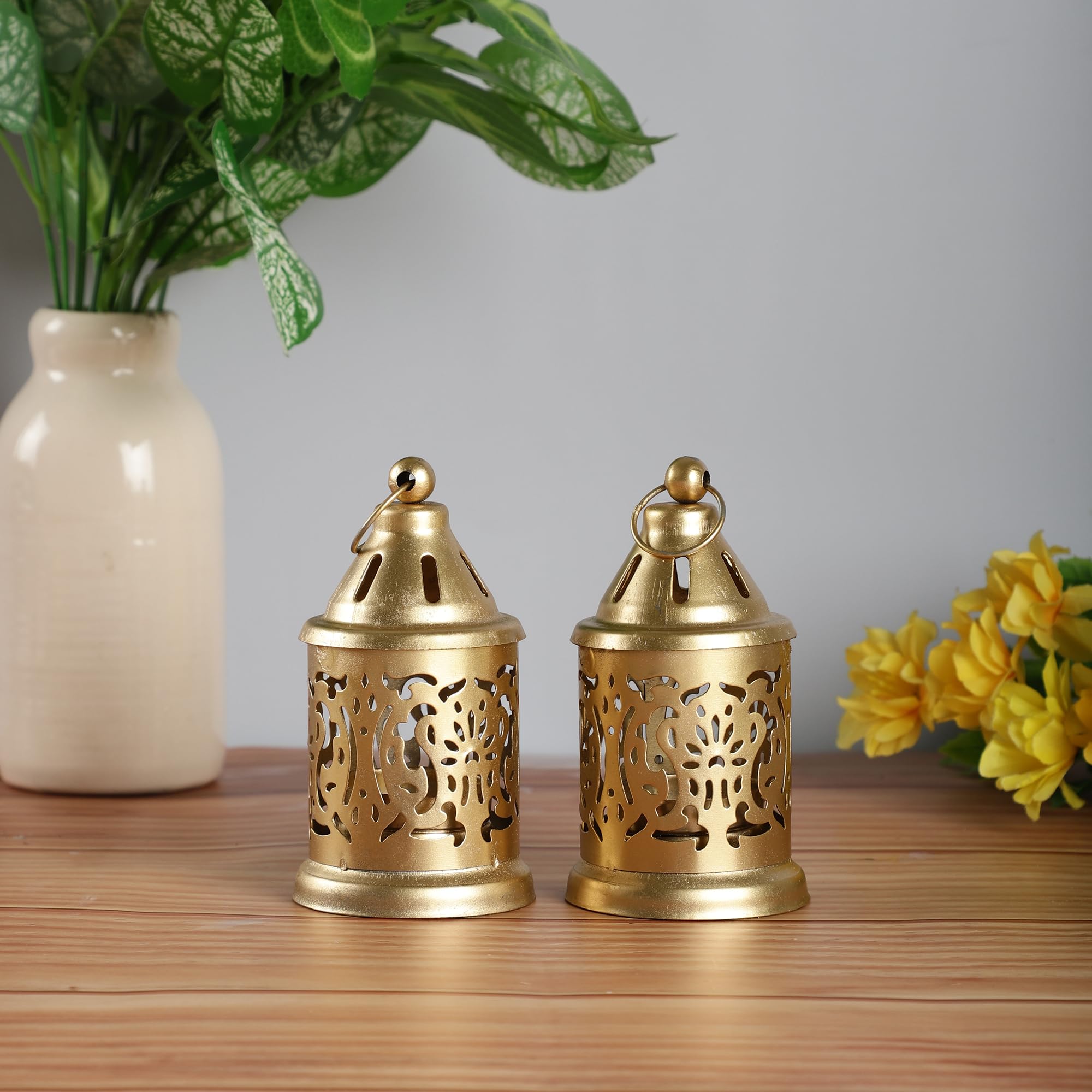 Set of 2 Iron Lantern and Candle Tealight Holder for Home Decor Items | Candles for Home Decoration | Candle Holders for Home Decor | (Pack of 2) (Gold)