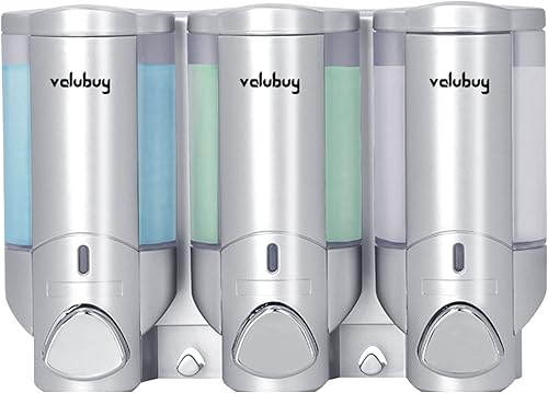 Dispensador de ducha de 3 cámaras para pared de baño. Dispensador de jabón líquido y bomba de ducha montado en la pared de plata satinada. Champú,