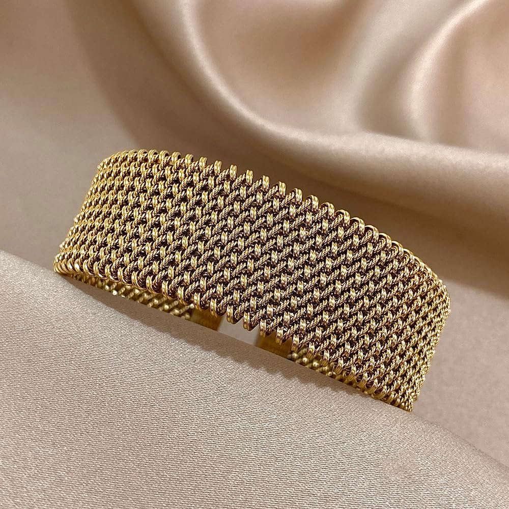 hotoo Gold Open Cuff Bangles Wide Woven Bracelets For Women Stainless Steel Stackable Jewelry For Xmas Birthday Gifts - Image 3