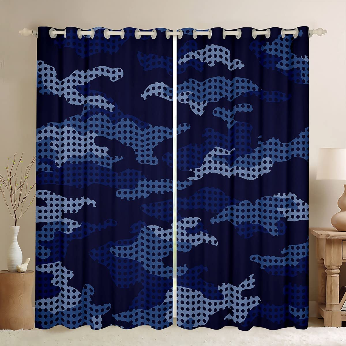 richhome Camo Curtains,Navy Blue Camouflage Window Curtains For Boys Girls Teens,Abstract Art Window Treatment Home Decor,Wave Point Darkening Drapes For Living Room Bedroom,66Wx72L