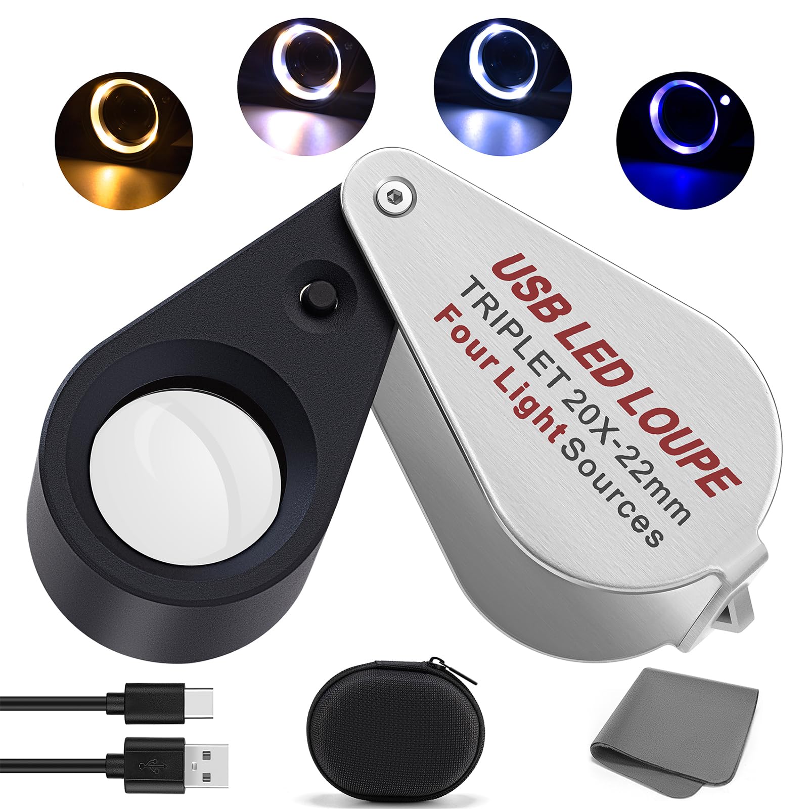 COYLAPY Lot de 20 loupes de bijoutier rechargeables avec lumière LED et UV, 4 modes réglables, lentille en verre triplet de 21 mm pour bijoux, diamant, pièce de monnaie, inspection antique