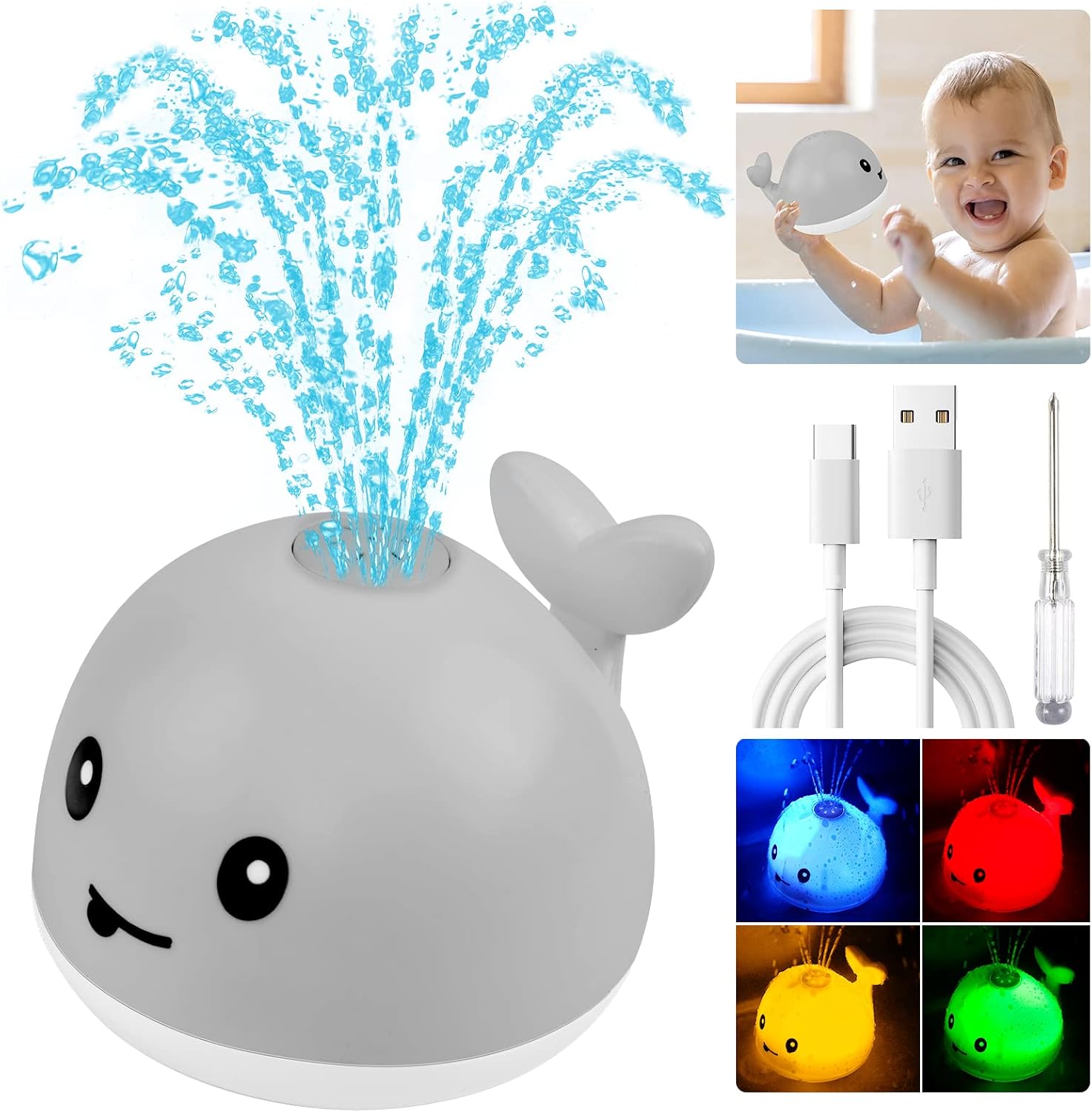 Baby Whale Bath Toy - Light Up Fountain Sprinkler, Rechargeable, Waterproof For Bathtub & Pool, Ages 6-12 Months & Up