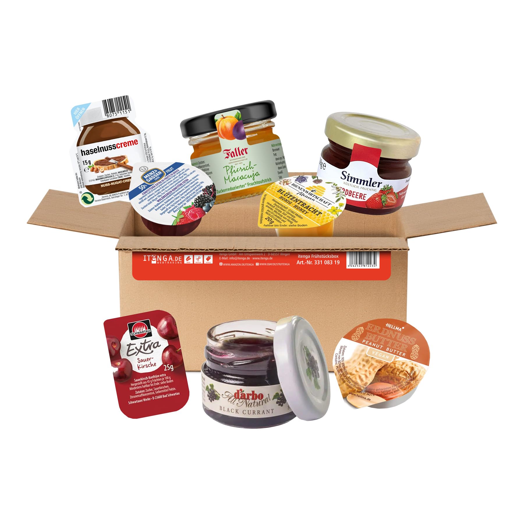 itenga Frühstücksaufstrich Box 24-teilig | Portionsgläser & Portionsbecher | Marmelade, Honig, Nuss-Nougat & Erdnusscreme | Adventskalender-Füllung, Büro & Urlaub - Inhalt 627g
