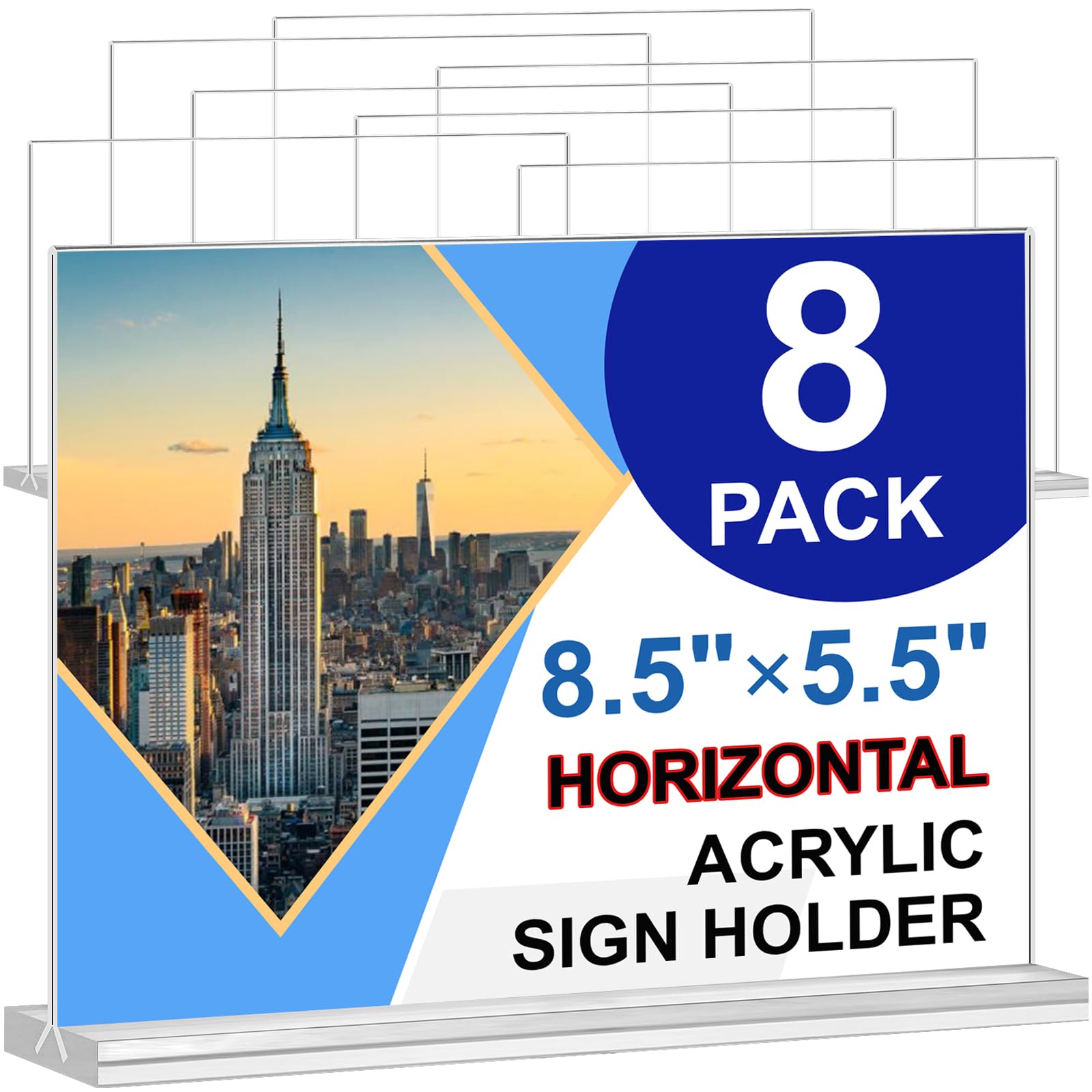 Acrylic Sign Holder 8.5 x 5.5 Horizontal, 8Pack Double-Sided Standup Table Top Clear Sign Holders, T Shape Plastic Acrylic Picture Frame Menu Flyer