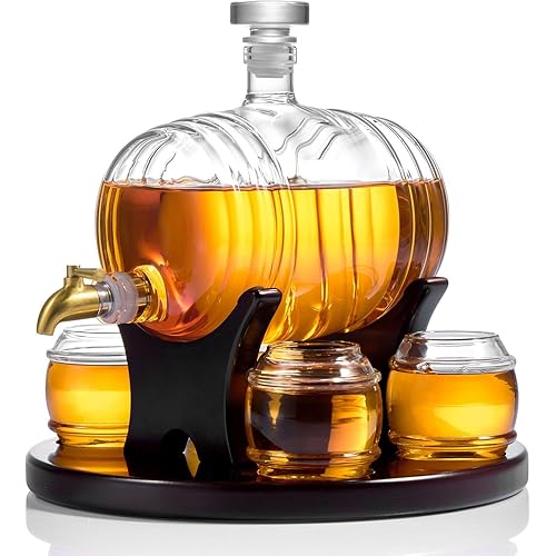 Whiskey Barrel Decanter Set for Home Bar, Unique Birthday Gifts for Men Dad, 1.3 Liter Barrel Liquor Dispenser with 4 Glasses for Bourbon, Scotch, Vodka, Tequila, Rum, Wine, Alcohol