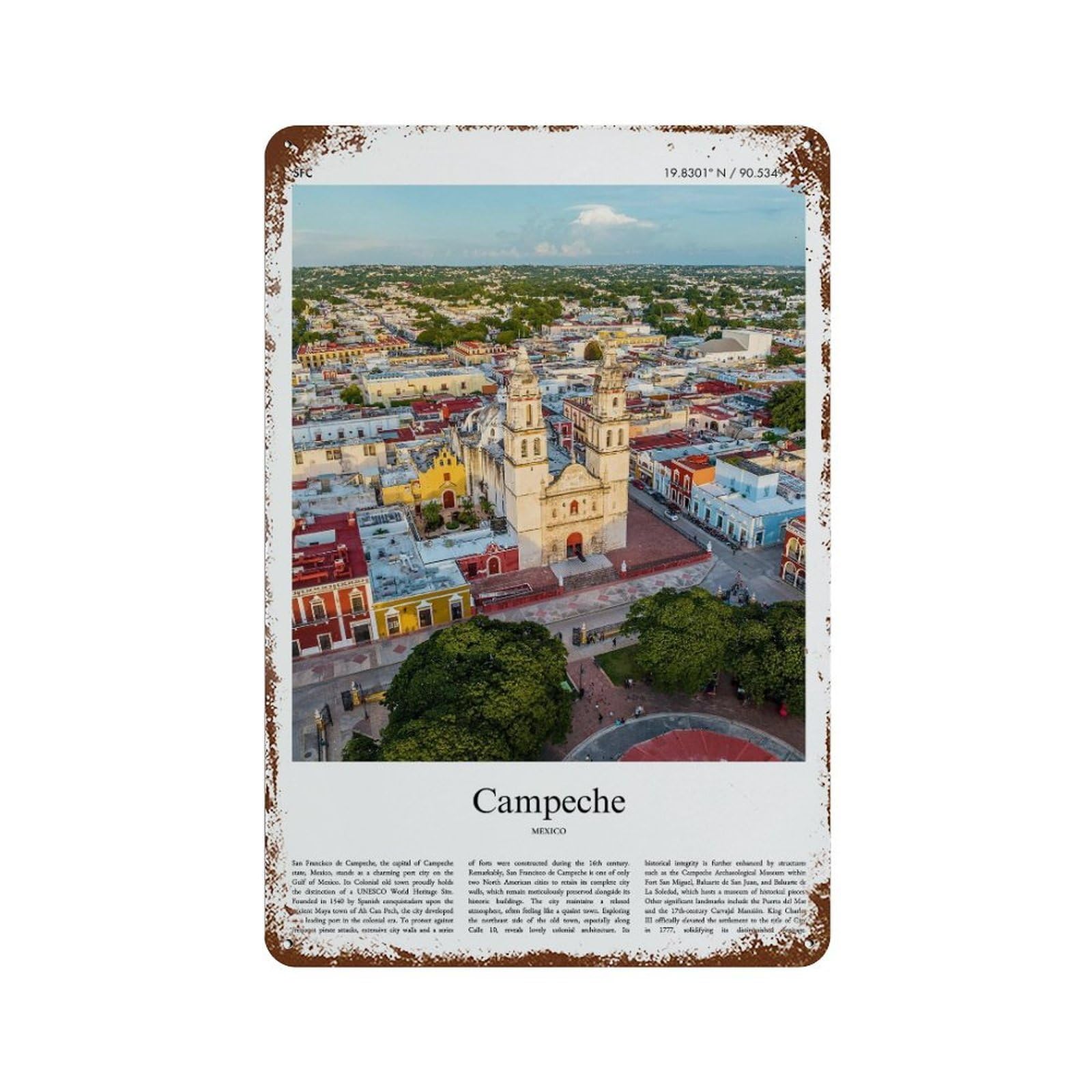 xiaoxiaoshen San Francisco De Campeche Campeche, Mexico City Scenery Wall Decor Art Metal Tin Poster Modern Home Decor Art Home Bar Shop Decorations Vintage Sign 30x20cm