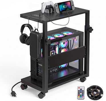 CPU Tower Stand, Rolling Holder with LED Strip & Charging Station