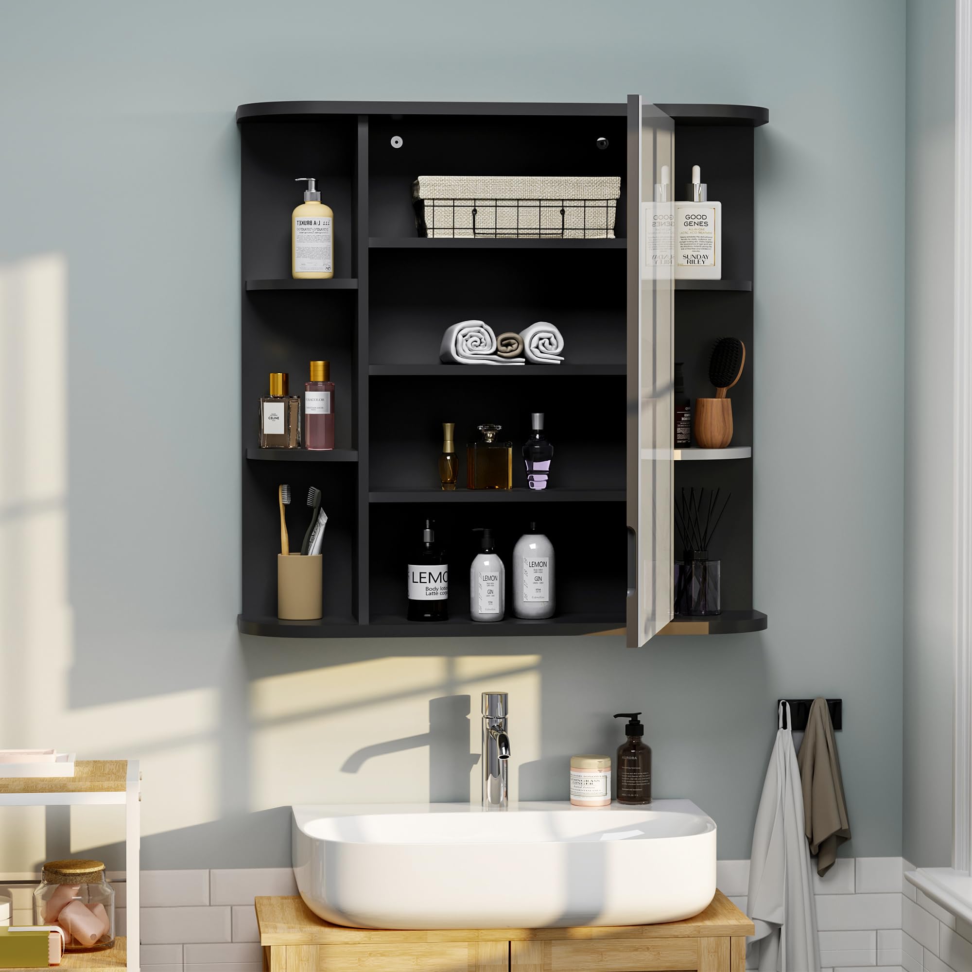 Pamapic Armario con espejo de baño, armario de baño con espejo HD grande, armario de almacenamiento montado en la pared con estantes ajustables, unidad de almacenamiento para sala de estar, dormitorio