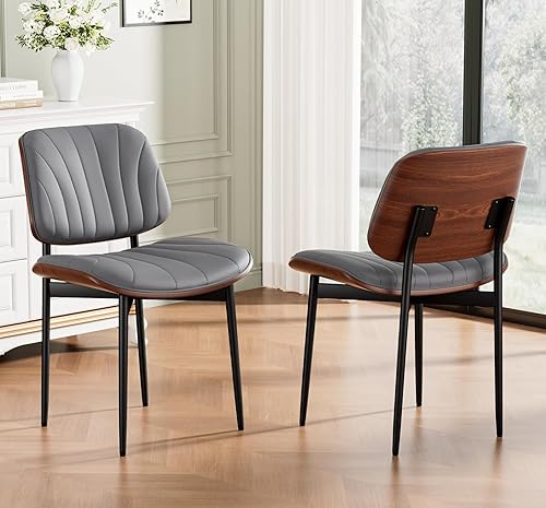 Miniatura 28 de Juego de 6 sillas de comedor, sillas modernas de mediados de siglo tapizadas en cuero PU con respaldo de madera curvada de nogal y patas de metal