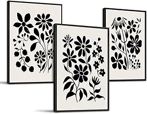 SERIMINO Black and White Wall Art Framed Bedroom Decor Aesthetic, Botanical Floral Canvas Wall Art for Living Room Boho, Set of 3 Flower Market Prints Farmhouse Wall Decor,12 x16 inch