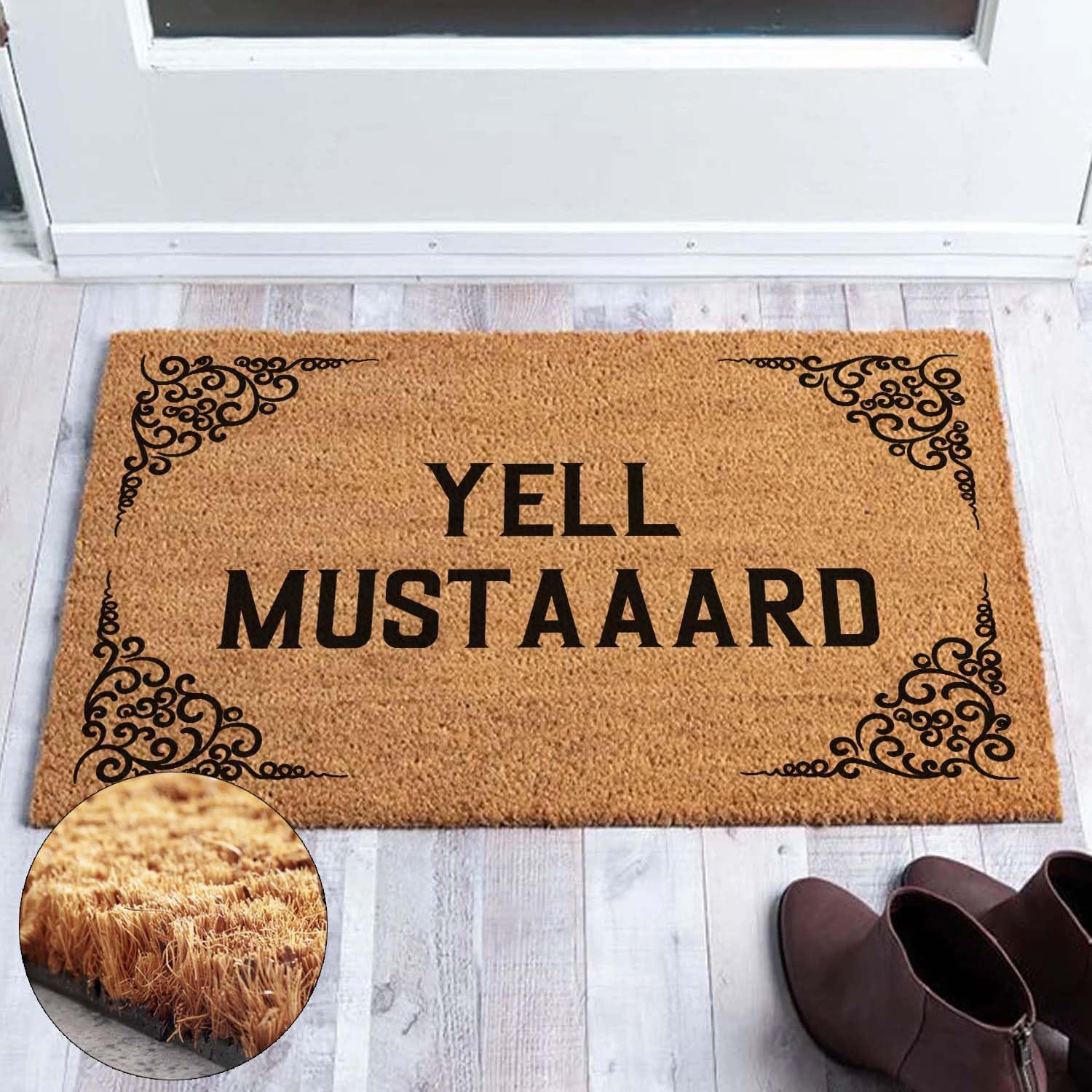 Funny Welcome Front Porch Patio Decor Mat for The Entrance Way Outdoor Personalized Rug with Heavy-Duty Non Slip Outdoor Coconut Coir Doormat 23.6 x 15.7inch (Yell Mustaaard)
