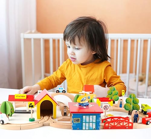 Miniatura 3 de Qilay Juego de 69 piezas de tren de madera juguetes de tren de madera de primera calidad para niños pequeños de 3 4 5 años juguetes de tren