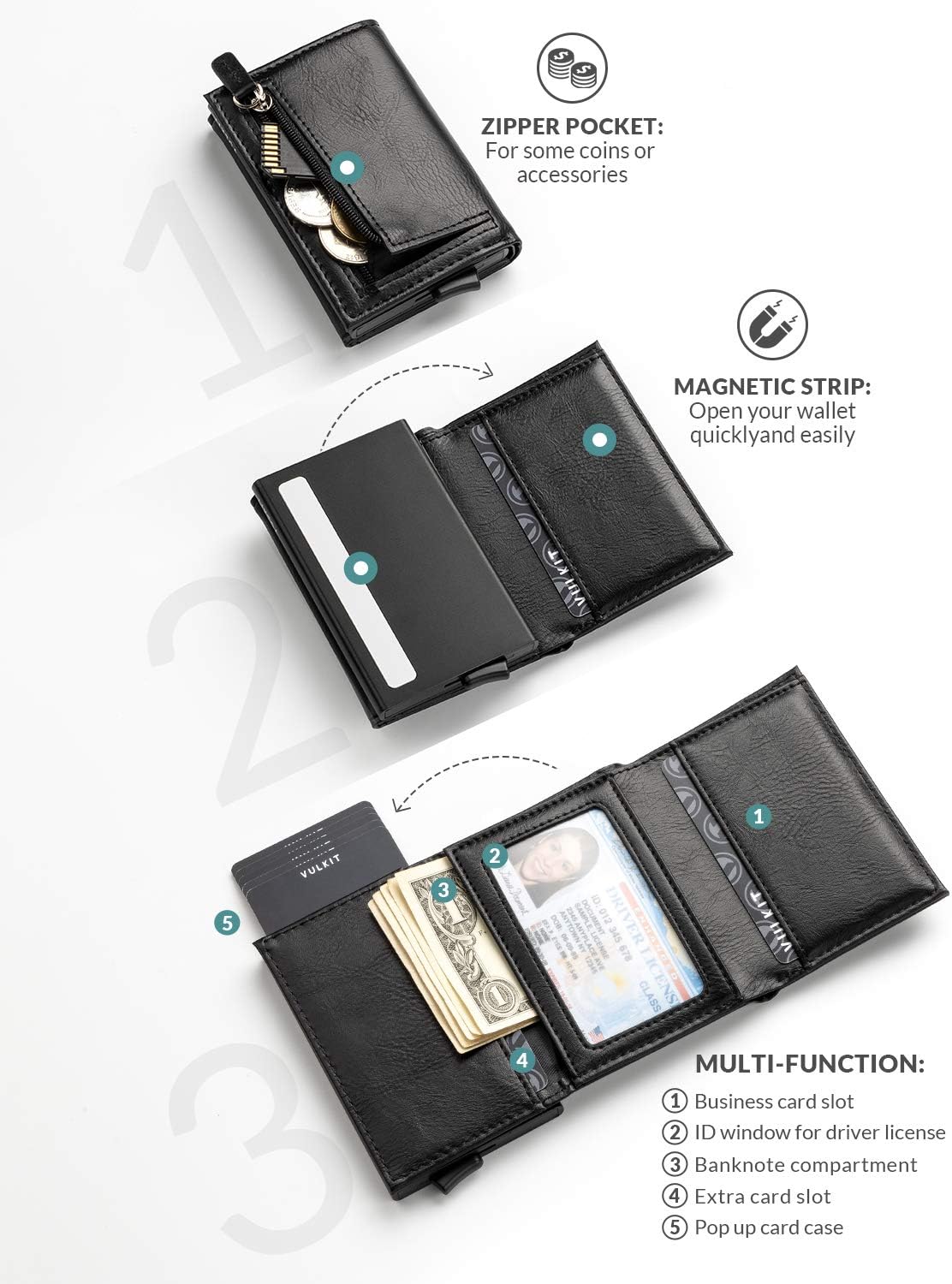 VULKIT Pop up Wallet RFID Blocking Leather Credit Card Wallet with Banknote Compartment, ID Window & Coin Pocket - Image 2