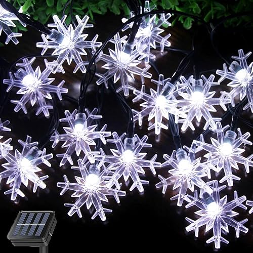 SPLOcolor Guirnalda de luces solares de Navidad para exteriores, 20 pies, 30 LED, impermeable, 8 modos, funciona con copos de nieve, luces de patio,