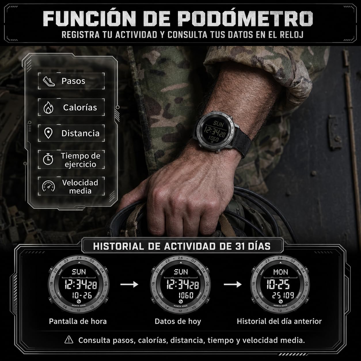 North Edge TANK3 Reloj Digital para Hombre, Podómetro 31 Días, Brújula