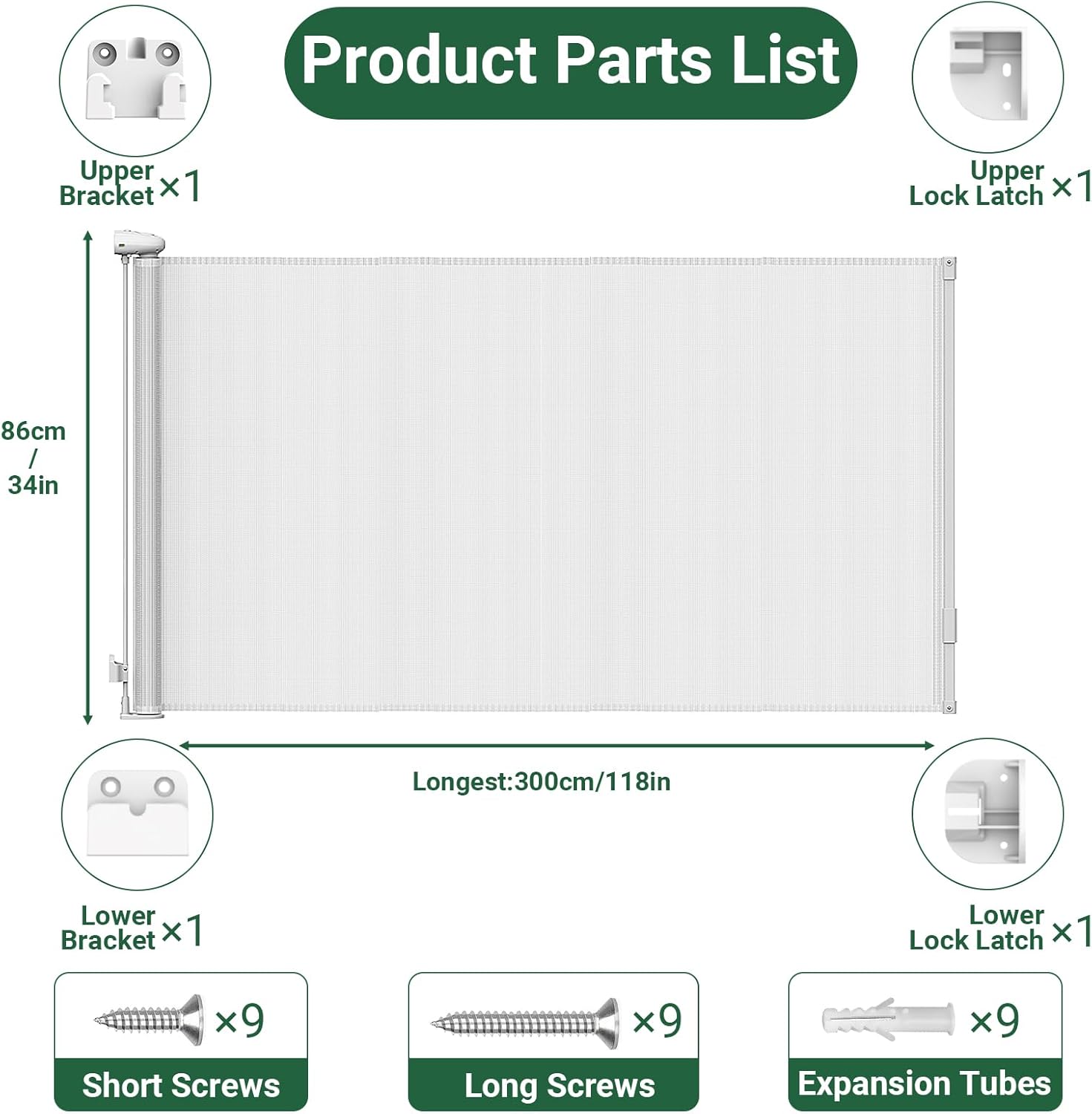 Retractable Baby Gate, Extra Wide Safety Baby or Pet Gate, 33” Tall, Extends to 118” Wide, Mesh Safety Dog Barrier Gate for Stairs, Indoor, Outdoor, Doorways, Hallways